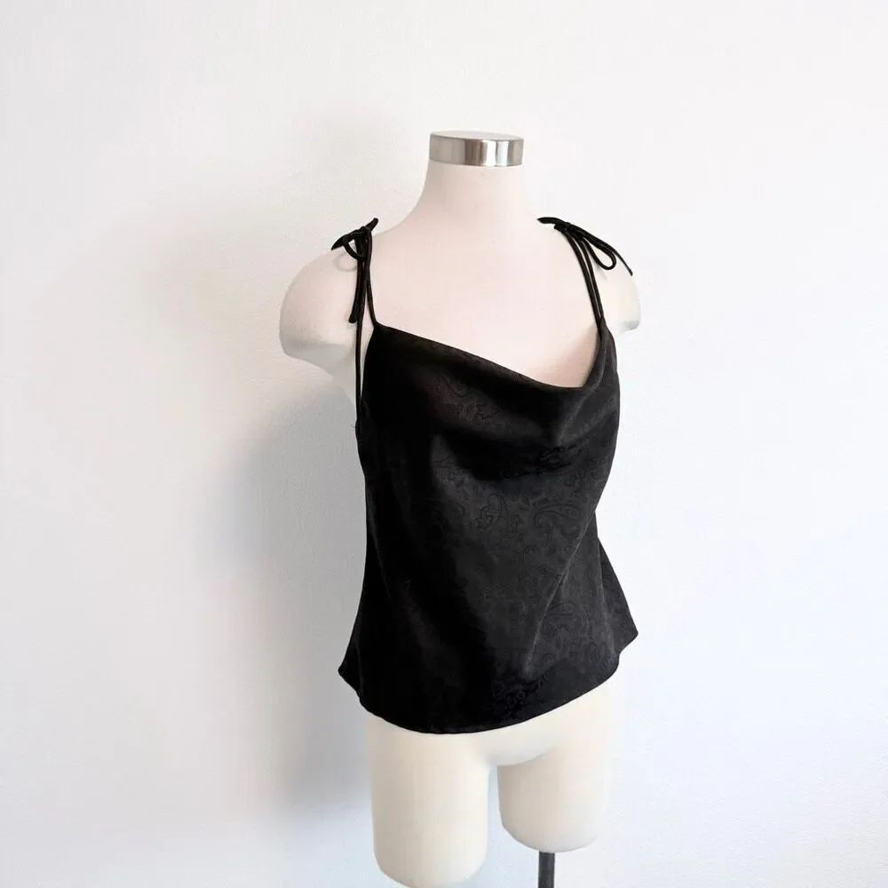 Forever 21 Draped Satin Black Textured Paisley Top Blouse Sleeveless Medium Tie